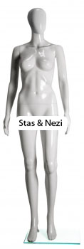 Plastic mannequin robot lady with white gloss glass stand