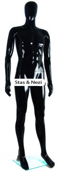 Male mannequin robot gloss black plastic with glass stand
